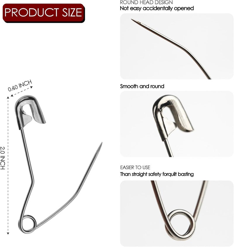 MASONEE 100 Pack Curved Safety Pins for Quilting Basting Pins 54mm/2.0inch Quilting Safety Pins Stainless Steel Quilting Pins - Image 2